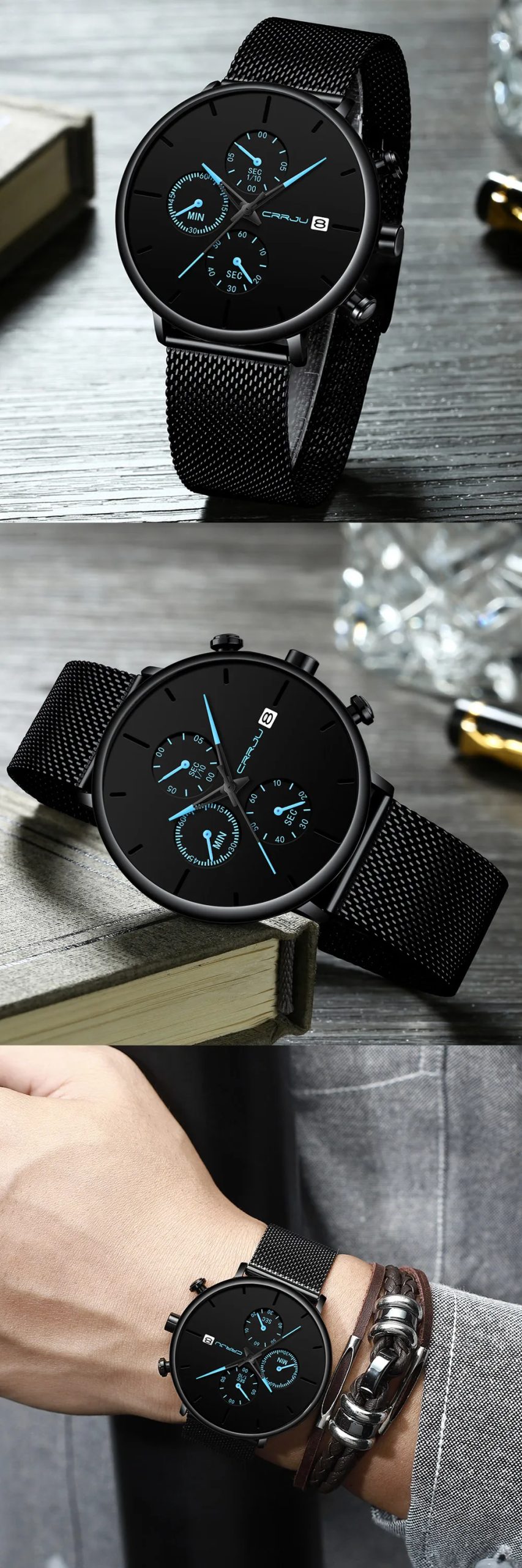 CRRJU Mens Watches Luxury Sport Wrist Watch Unique Design Stainless Steel Auto Date Mesh Strap Men Fashion Casual Quartz Watches
