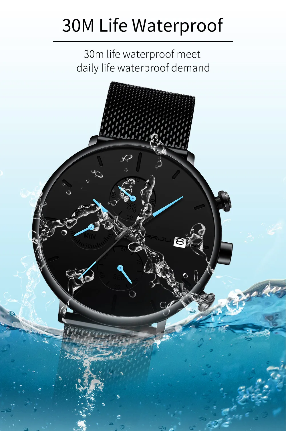 CRRJU Mens Watches Luxury Sport Wrist Watch Unique Design Stainless Steel Auto Date Mesh Strap Men Fashion Casual Quartz Watches