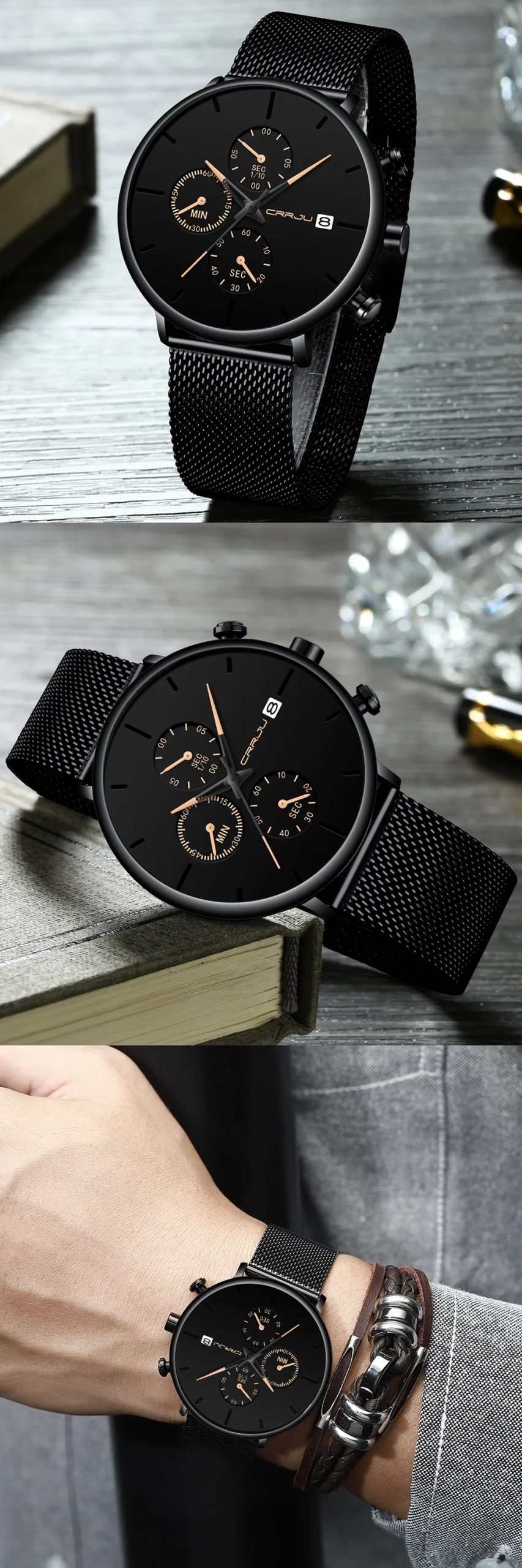 CRRJU Mens Watches Luxury Sport Wrist Watch Unique Design Stainless Steel Auto Date Mesh Strap Men Fashion Casual Quartz Watches