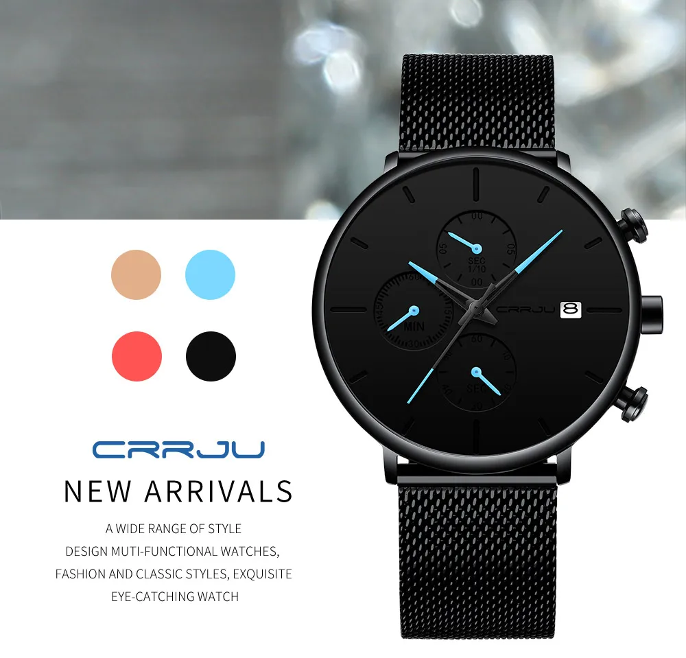 CRRJU Mens Watches Luxury Sport Wrist Watch Unique Design Stainless Steel Auto Date Mesh Strap Men Fashion Casual Quartz Watches