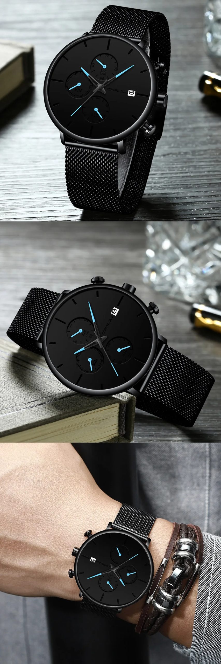 CRRJU Mens Watches Luxury Sport Wrist Watch Unique Design Stainless Steel Auto Date Mesh Strap Men Fashion Casual Quartz Watches