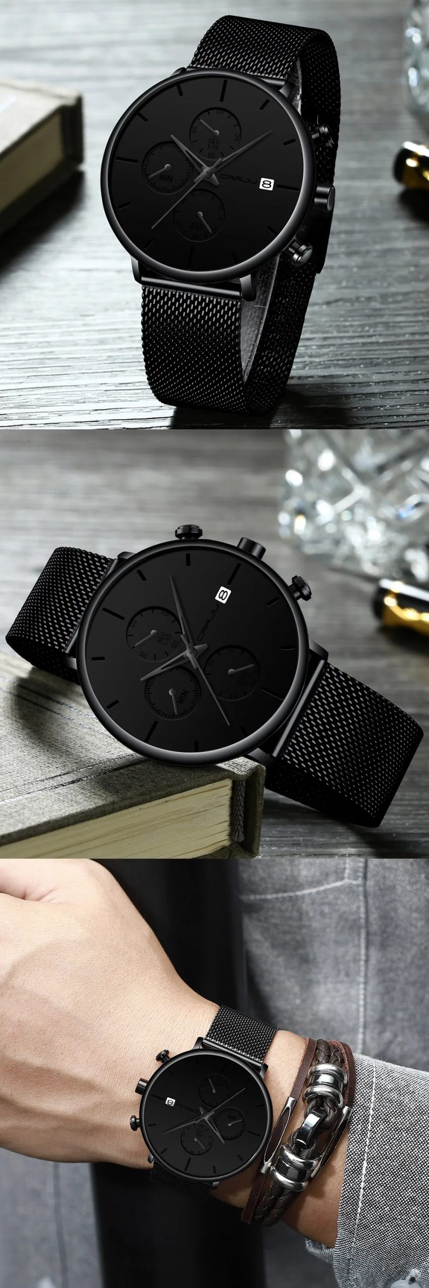 CRRJU Mens Watches Luxury Sport Wrist Watch Unique Design Stainless Steel Auto Date Mesh Strap Men Fashion Casual Quartz Watches
