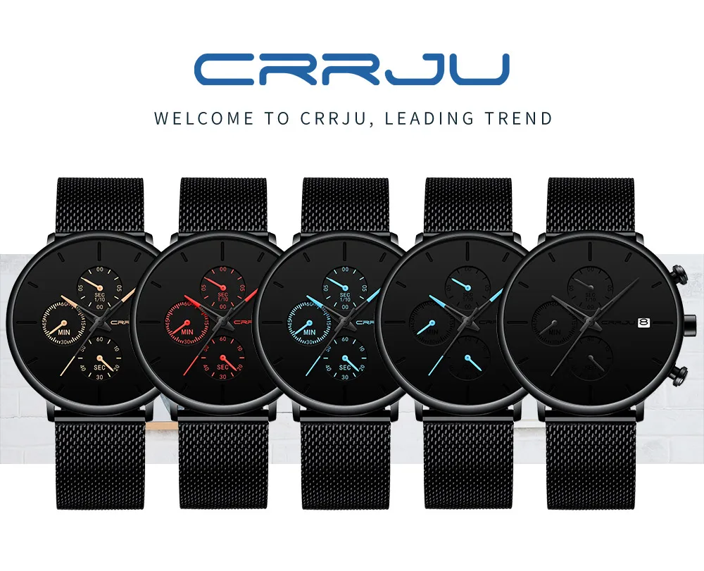 CRRJU Mens Watches Luxury Sport Wrist Watch Unique Design Stainless Steel Auto Date Mesh Strap Men Fashion Casual Quartz Watches