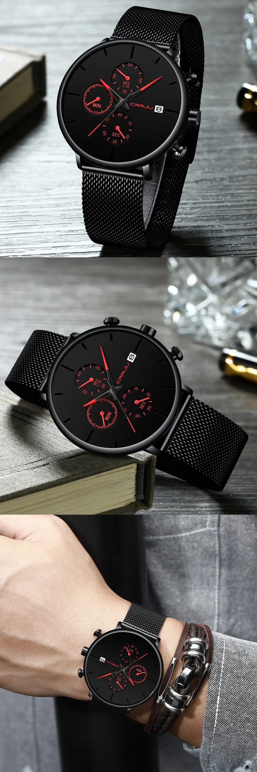 CRRJU Mens Watches Luxury Sport Wrist Watch Unique Design Stainless Steel Auto Date Mesh Strap Men Fashion Casual Quartz Watches